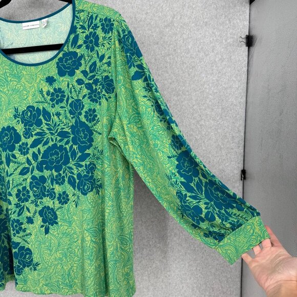 Susan Graver Womens Liquid Knit Floral Top Shirt Size 2X Green Blue Long Sleeve - Picture 2 of 11